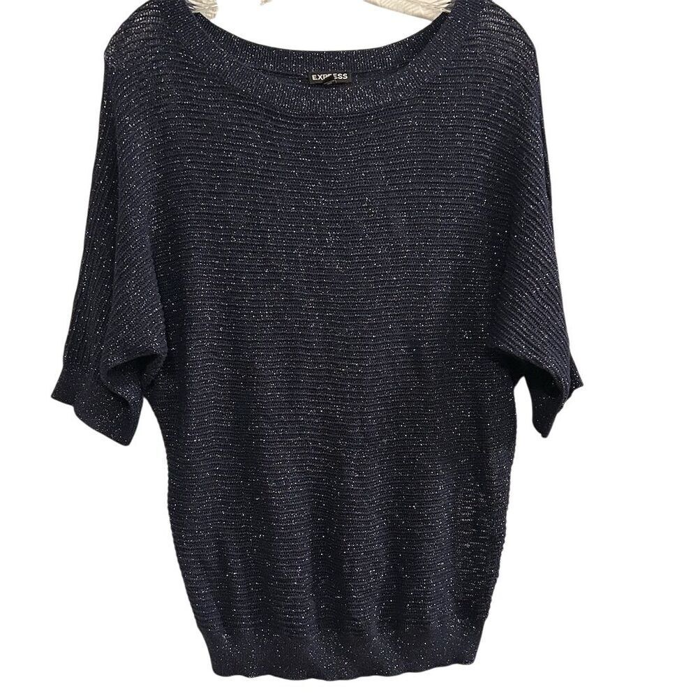 Express Women's Pullover Sweater S‎ Blue Metallic Short Sleeve Boat Neck